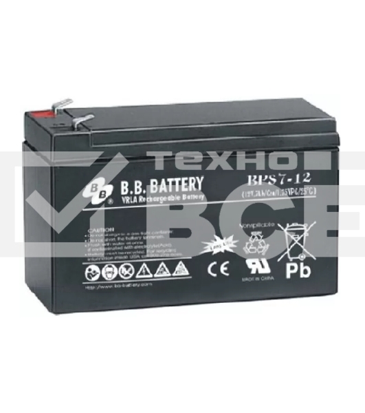 Аккумулятор B.B. Battery series BP, BP7-12, voltage 12V, capacity 7Ah (discharge 20 hours), max. discharge current (5 sec.) 105A, max. charge current 2.1A, lead-acid AGM type, T2 terminals, LxWxH 151x65x98mm, weight 2.54kg, service life 10 years