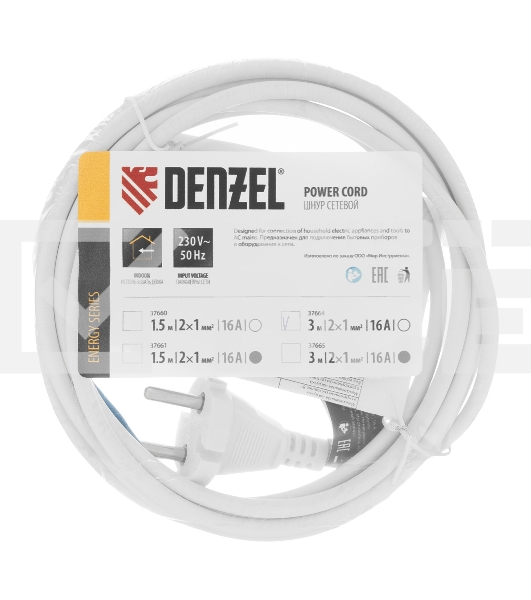 Шнур сетевой Energy Series, ПВС, 3 м, 2х1 мм, с неразборной вилкой, белый Denzel