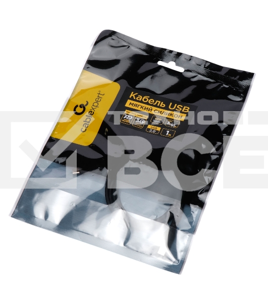 Кабель USB2.0 Cablexpert CC-USB2S-CMCM-1M-BK Type-C/Type-C, 3А, 65Вт, PD/QC3.0, силиконовый, 24 AWG, медь, 1м, черный, пакет