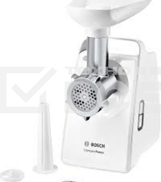 Мясорубка Bosch MFW3910W CompactPower, 1900Вт, 2,3 кг/мин, цвет: белый, механическая за щита от перегрузки, 1 скор. Комплект: 2 диска для фарша, насадка для кол басок