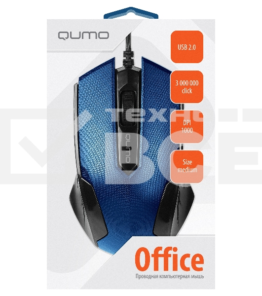 Мышь проводная Qumo Office M14 синий, 1000 dpi, USB, кнопки - 3