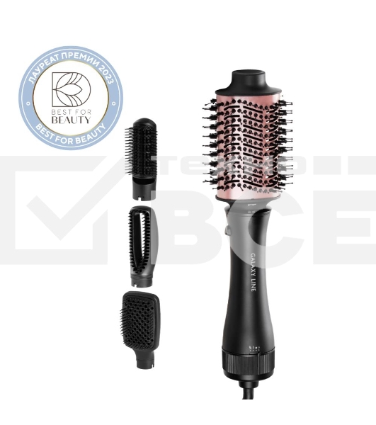 Фен-расческа Galaxy Line GL 4414, черный, 1200 Вт, 2 скорости потока воздуха, 3 температурных режима, шнур, вращающийся на 360°, насадка овальная со щетиной и зубчиками, полая насадка-расческа, полукруглая насадка-щетка, массажная насадка-щетка