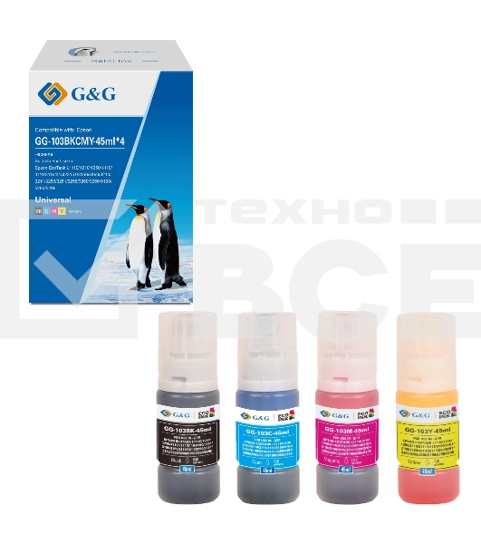 Чернила G&G GG-103BKCMY-45ml*4 103BKCMY голубой/пурпурный/желтый/черный набор 4x45мл для Epson EcoTank L1110/1210/1250/3110/3111/3116/3150/3151/3156/3160/3210/3211/3250/3251/3256/3260/3266/5190/5290/5296