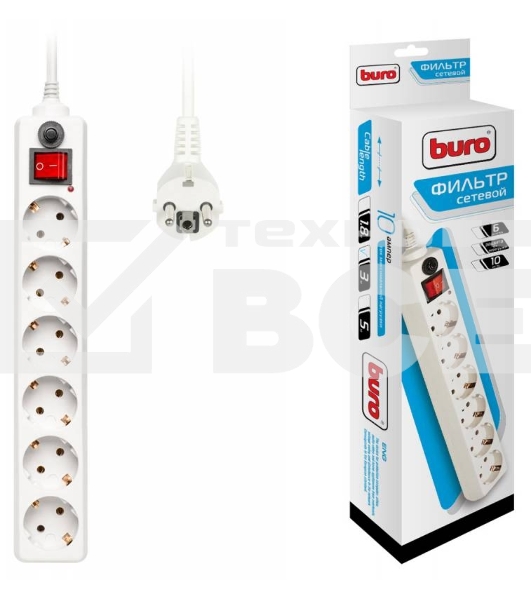 Сетевой фильтр BURO Сетевой фильтр, 6 розеток, 3 метра, (600SH-3-W), белый {992266}