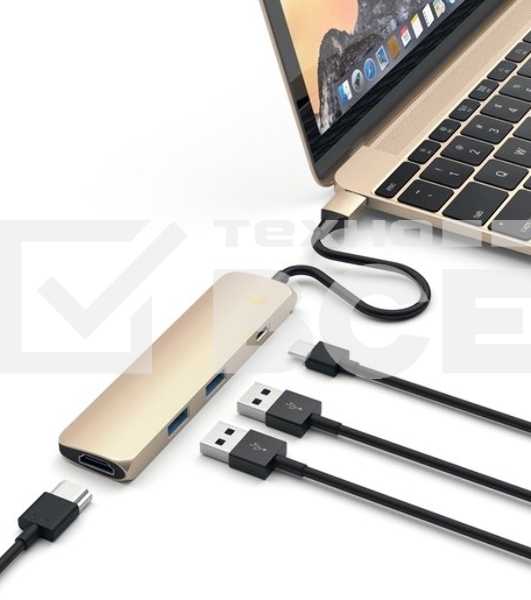 USB адаптер Satechi Slim Aluminum Type-C Multi-Port Adapter with Type-C Charging Port. Интерфейс USB-C. Порты USB Type-C, 2хUSB 3.0, 4K HDMI. золотой.