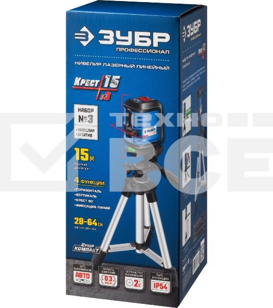 Нивелир лазерный ЗУБР КРЕСТ-15, суперкомпакт, 15м, точн. +/-0,3 мм/м, штатив, чехол