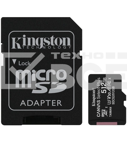 Флеш карта microSDHC 512GB microSDXC Class10 Kingston <SDCS2/512GB> UHS-I Canvas Select up to 100MB/s с адапт.