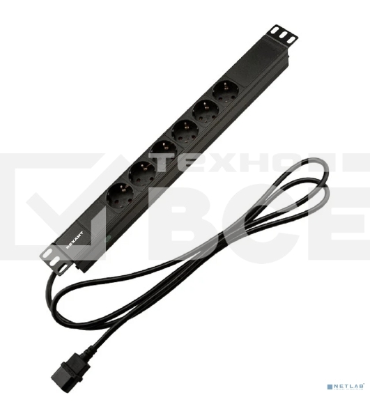 Блок распределения питания Rexant для 19' шкафов, горизонтальный, 6 розеток СЕЕ 7/4, 10A, без выкл, алюм корп, шнур 2м, вилка C14