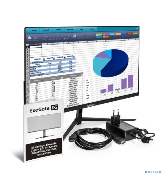 Монитор 23.8' ExeGate ProSmart EH2407A IPS 1920x1080, 100 Гц, 3 мс, 16:9, 250 кд/м², VGA, HDMI 2.0, DP 1.2, 3.5 Jack, динамики (2x3 Вт), FreeSync, черный