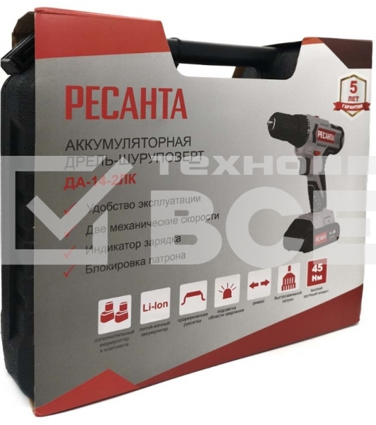 Дрель-шуруповерт Ресанта ДА-14-2ЛК 75/14/4, Аккумуляторная, 14,4В, 2 АКБ, Кейс