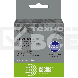 Картридж ленточный Cactus CS-D1-43610 6мм, черный шрифт, прозрачный фон, 7м для DYMO LM 160, 210D, 280, PnP, 420P, 500 TS; Rhino Pro 6000, 5200, 4200