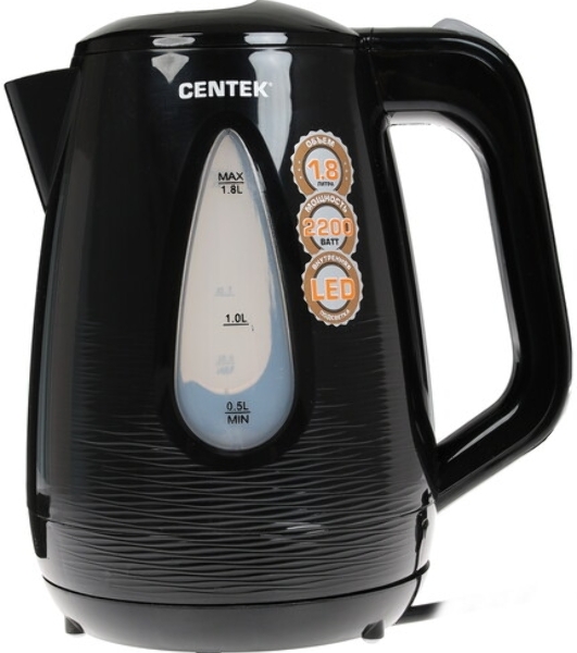 Электрочайник Centek CT-0048 черный, 1.8 л, 2200 Вт, скрытый нагревательный элемент