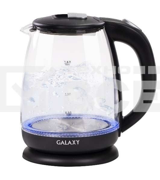 Чайник электрический Galaxy Line GL 0554, черный, стекло, 2000 Вт, 1,8 л, LED-подсветка, шкала уровня воды, корпус из термостойкого стекла