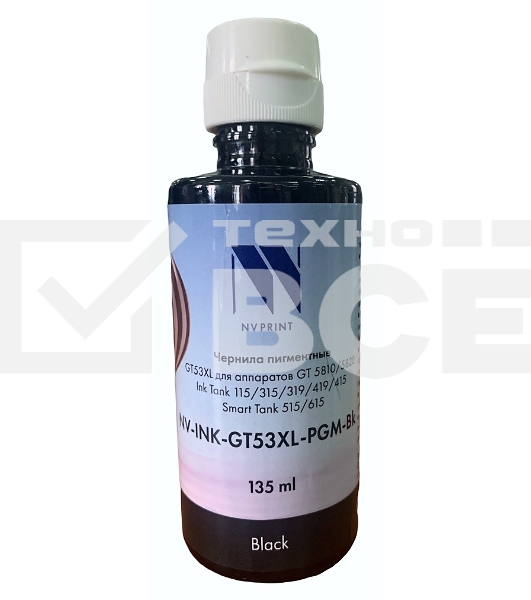 Чернила NV PRINT пигментные GT53XL для HP DeskJet GT 5810, 5820, 5822, Ink Tank 115, 310, 315, 319, 410, 419, 415, Smart Tank 515, 615 (135ml) Black