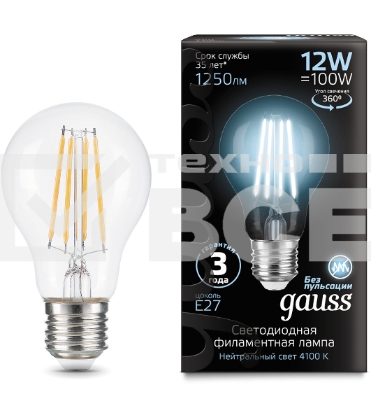 Лампа Gauss Filament А60 12W 1250lm 4100К Е27 LED 1/10/40