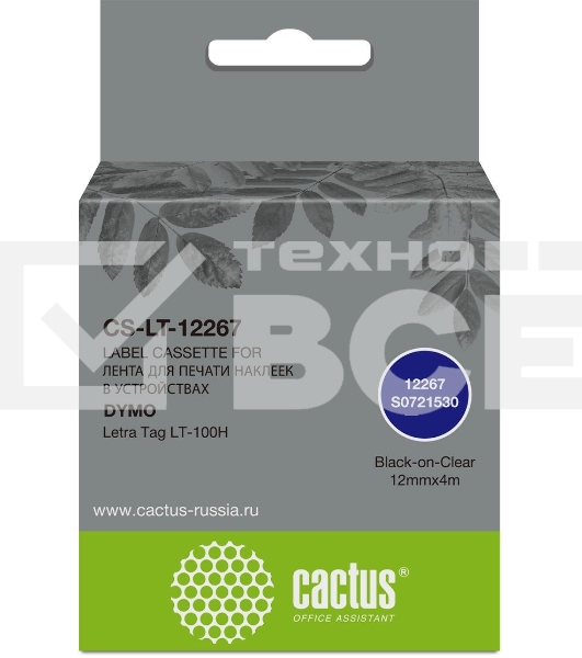 Картридж ленточный Cactus CS-LT-12267 черный шрифт, прозрачный фон (12 мм, 4 м) для Dymo Letra Tag LT-100H