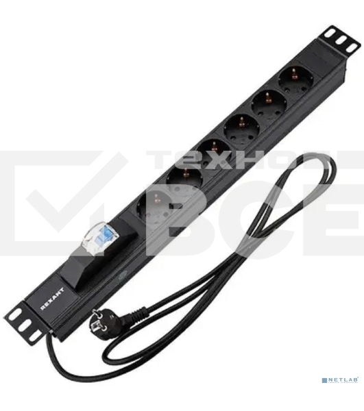 Блок распределения питания Rexant для 19' шкафов, горизонтальный, 6 розеток СЕЕ 7/4, 16A, автомат защиты, алюм корп, шнур 2м, вилка СЕЕ 7/7