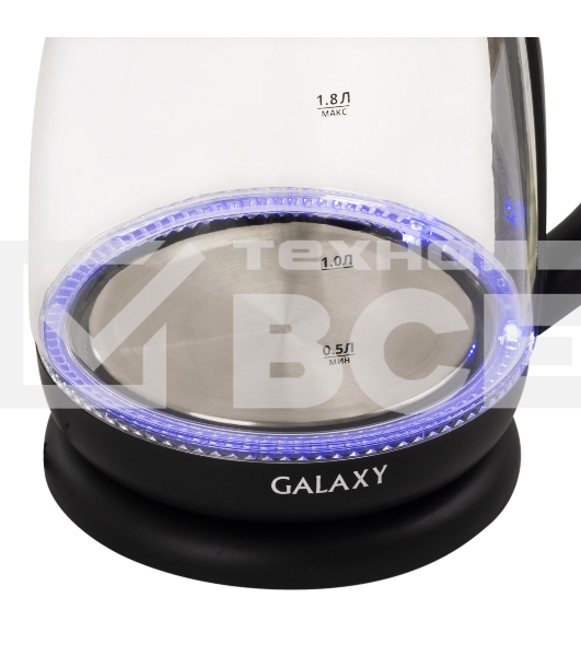 Чайник электрический Galaxy Line GL 0554, черный, стекло, 2000 Вт, 1,8 л, LED-подсветка, шкала уровня воды, корпус из термостойкого стекла