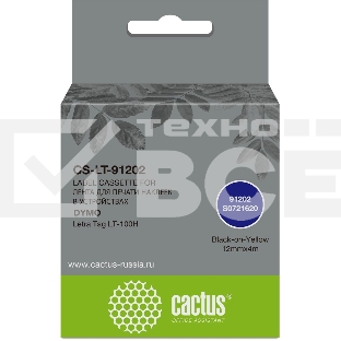 Картридж ленточный Cactus CS-LT-91202 черный шрифт, желтый фон (12 мм, 4 м) для Dymo Letra Tag LT-100H