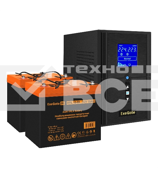 Комплект ИБП EX295988RUS + батарея 55Aч EX285652RUS 2шт (инвертор, синус, для котла) ExeGate SineTower SZ-1500.LCD.AVR.2SH.1C13.USB <1500VA/1200W, чистый синусоида, LCD дисплей, AVR, 2*Schuko+1*C13, USB, линейно-интерактивный, Black> + батарея ExeGate HRL