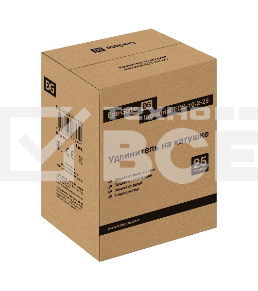 Удлинитель на катушке ExeGate industrial ECS-10-2-25 (4 евророзетки, IP20, 25м, защита от детей, защита от перегрузки, 2х1,0мм2, 10А/2.3кВт)