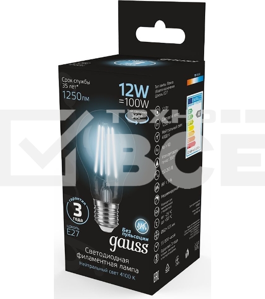 Лампа Gauss Filament А60 12W 1250lm 4100К Е27 LED 1/10/40