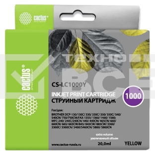 Картридж струйный Cactus CS-LC1000Y желтый (20 мл) для Brother DCP 130C/ 330С, MFC-240C/ 5460CN