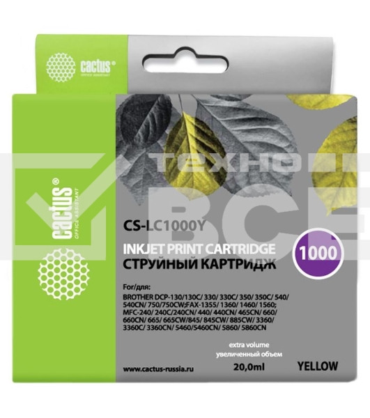 Картридж струйный Cactus CS-LC1000Y желтый (20 мл) для Brother DCP 130C/ 330С, MFC-240C/ 5460CN