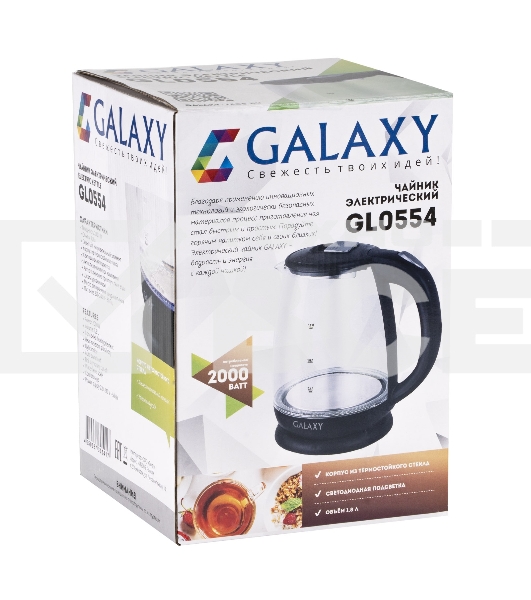 Чайник электрический Galaxy Line GL 0554, черный, стекло, 2000 Вт, 1,8 л, LED-подсветка, шкала уровня воды, корпус из термостойкого стекла