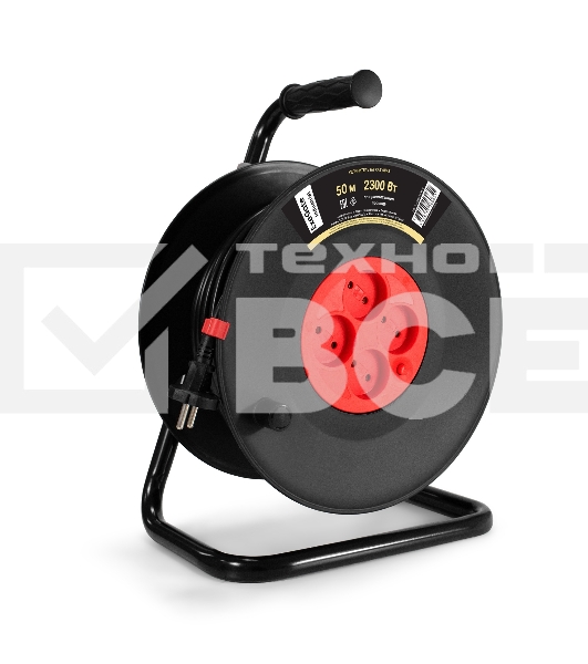 Удлинитель на катушке ExeGate industrial ECS-10-2-50 (4 евророзетки, IP20, 50м, защита от детей, защита от перегрузки, 2х1,0мм2, 10А/2.3кВт)