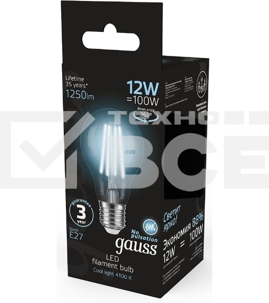 Лампа Gauss Filament А60 12W 1250lm 4100К Е27 LED 1/10/40