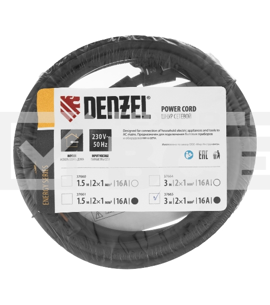 Шнур сетевой Energy Series, ПВС, 3 м, 2х1 мм, с неразборной вилкой, черный Denzel