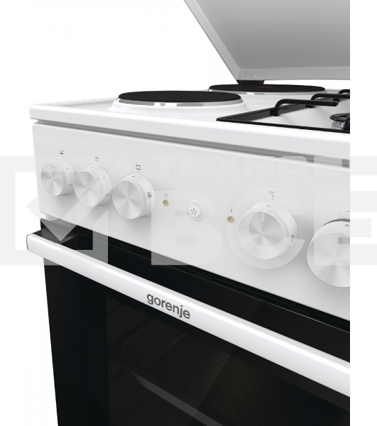 Комбинированная плита Gorenje GK5A12WG, полезный объем 68 л, очистка паром AquaClean, сводчатая форма духовки, механическое управление, электроподжиг, цвет белый
