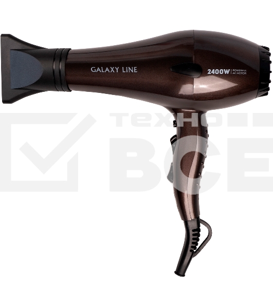 Фен для волос Galaxy Line GL 4343, коричневый, 2400 Вт, АС-мотор, 2 скорости потока воздуха, 3 температурных режима, функция «холодный воздух», насадка-концентратор, подвесная петля, длина шнура питания 240 см, защита мотора от перегрева