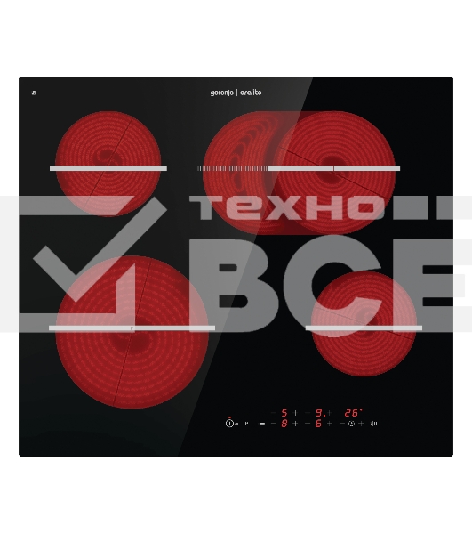 Встраиваемая варочная панель Gorenje ECT648ORAB /  Черный, Без рамки, Сенсорное управление, Таймер, Функция PowerZone, Защитная блокировка от детей, Габаритные размеры (вхшхг): 5,4 × 60 × 52 см, Вес (брутто/нетто): 8,2 / 7,7 кг