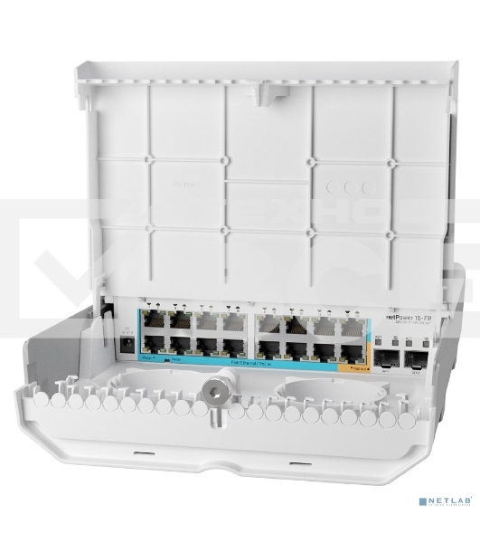 Коммутатор MikroTik netPower 15FR with 800MHz CPU, 256MB RAM, 16 x 10/100Mbps Ethernet ports (15 with Reverse POE-in, 1 with PoE-OUT), 2 x SFP, RouterOS L5 or SwitchOS (dual boot), outdoor enclosure, mounting ki