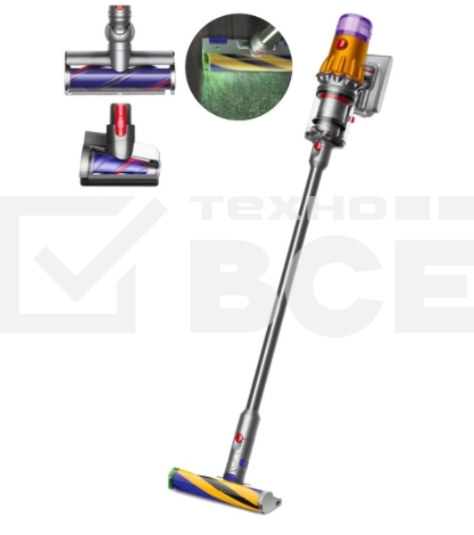 Пылесос вертикальный Dyson V12 Detect Slim Absolute желтый/серый, питание от аккумулятора, 150 Вт, уборка сухая, пылесборник 0.35 л, работа от АКБ max - 60 мин