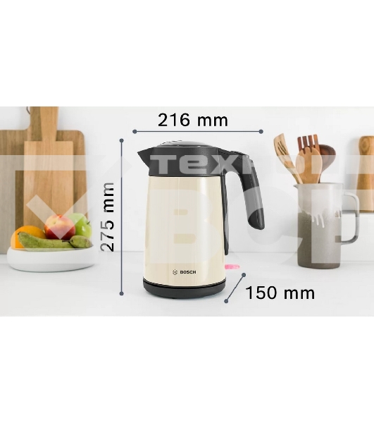 Чайник Bosch TWK7L467, 1.7л, 2400 Вт., нерж.сталь, покрытая эмалью, бежевый, шкала уровня воды