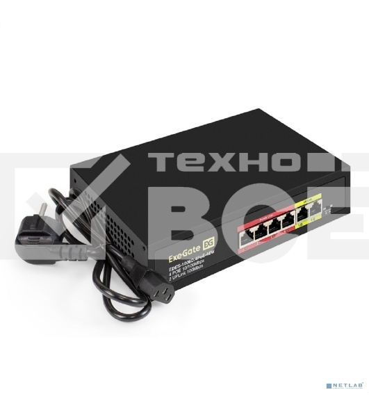 Коммутатор неуправляемый ExeGate EDES-1006D.4PoE-48W (6-портовый UTP 10/100 Base-Tx: 4 порта 802.3af (PoE), мощность PoE: 25W, суммарно 48W, 2 порта RJ45 uplink, настенный/настольный, металлический корпус)