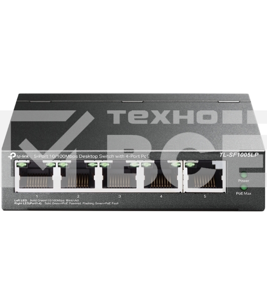 Коммутатор 5-Port 10/100Mbps Unmanaged Switch with 4-Port PoE, meta case, desktop mount, PoE budget 41W.