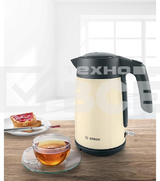 Чайник Bosch TWK7L467, 1.7л, 2400 Вт., нерж.сталь, покрытая эмалью, бежевый, шкала уровня воды