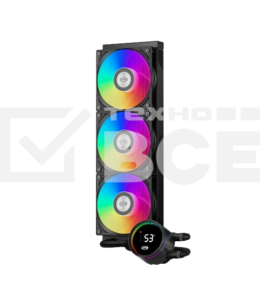 Система охлаждения PCCooler DA360 Pro ARGB Digital BK (300W, 360mm, LED temp., Black, ARGB/ Fans: 3x120mm, 75.8CFM, 33.7dBA, 2200RPM/ Pump height 57mm, 28dBA, 3000RPM, Rad thickness 27mm/ S: 1851, 1700, 1200, 20XX, 115X, AM5, AM4)