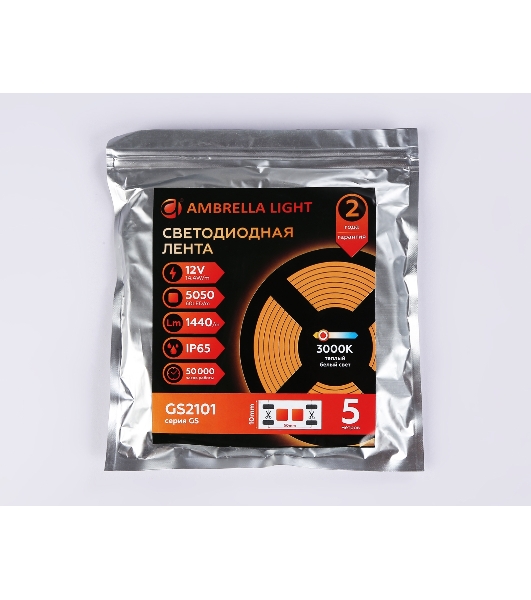 Светодиодная лента Ambrella light GS2101 5050 60Led/ 14.4W m/ 12V IP65 3000K/ 5000*10*2.87mm (2 конт.)