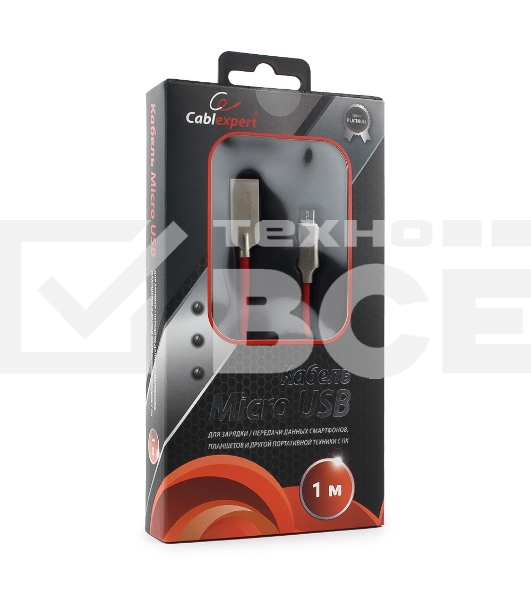 Кабель USB 2.0 Cablexpert CC-P-mUSB02R-1M, AM/microB, серия Platinum, длина 1м, красный, блистер