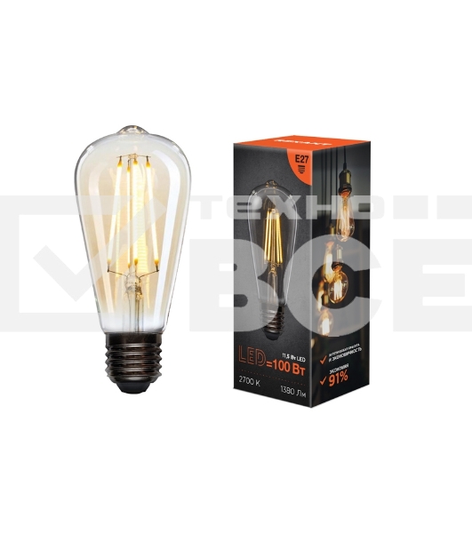 Лампа светодиодная филаментная Rexant Груша ST64 11.5 Вт 1380 Лм 2700K E27 прозрачная колба