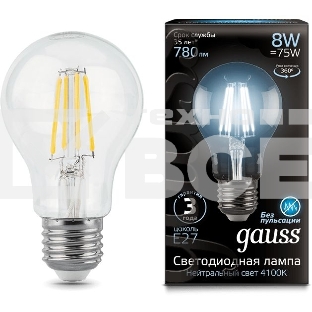 Лампа светодиодная Filament A60 E27 8Вт 4100К GAUSS 102802208
