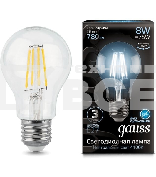 Лампа светодиодная Filament A60 E27 8Вт 4100К GAUSS 102802208