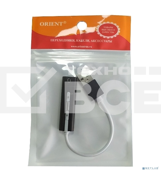 ORIENT AU-04PLB, Адаптер USB to Audio (звуковая карта), jack 3.5 мм (4-pole) для подключения телефонной гарнитуры к порту USB, кнопки: громкость +/-, играть/пауза/вперед/назад; Windows/Linux/MAC OS
