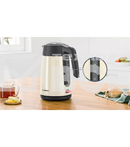 Чайник Bosch TWK7L467, 1.7л, 2400 Вт., нерж.сталь, покрытая эмалью, бежевый, шкала уровня воды