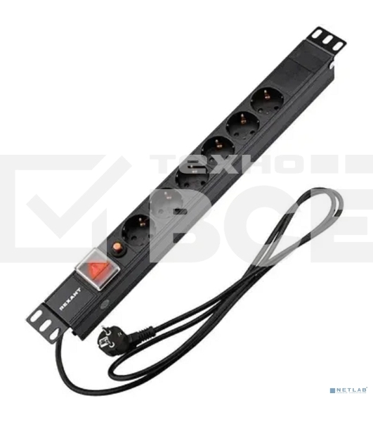 Блок распределения питания Rexant для 19' шкафов, горизонтальный, 6 розеток СЕЕ 7/4, 16A, фильтр, выкл, алюм корп, шнур 2м, вилка СЕЕ 7/7